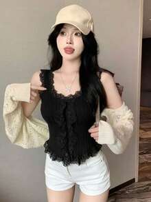 性感简约蕾丝边吊带背心，韩版针织短款吊带背心，适合返校季春夏穿着，黑色 - 黑色 - 查看 4