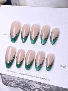 10pcs Handmade Press-On Nail Strips, Short Nails, Fake Nails, Almond Shape Nails, French Manicure, Pink Nails, Black Nails, Red Nails, Green Nails, Brown Nails, Gold Nails, Leopard Print Nails, Cute Nails, Minimalist Elegant Style, Handmade Drawn Asymmetrical French Gold Vine Edge, With Shiny Cat Eye French Pointed Tips, Suitable For Women And Girls Almond Shaped Nail Strips.Nail Supplies Handmade Press On Nails - 紅色 - 查看 12