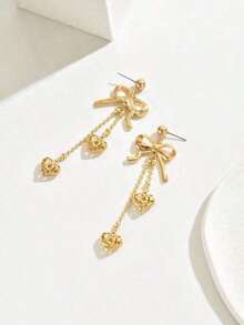 2pcs Elegant Fashion Bow, Hollow Metal Heart Pendant, Burgundy Heart Glass Rhinestone, Star & Moon Combo, Copper Earrings With Crystal Chain, Faux Pearl Baroque Beaded Metal Ball Chain Tassel, Hollow Heart Glass Rhinestone Bowknot And More Classic Earrings For Women, Suitable For All Seasons, Valentine's Day, Thanksgiving And Other Holidays - 金子 - 查看 4