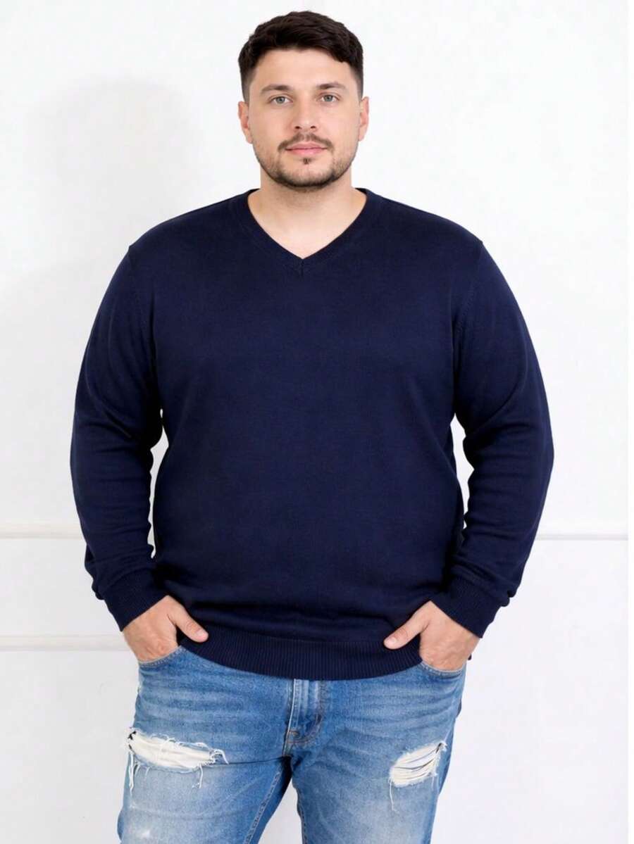 Plus Size Men's Winter Sweater/Blouse With V-Neck, Sizes G1-G4 - Màu xanh hải quân - Xem 1