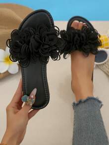 Plus Size Women's Summer Flat Gold Trim Elegant Comfortable Slides, Floral Decor Fashion Versatile Beach Home Outdoor Vacation Sandals - Black - View 13