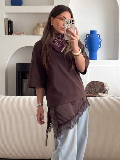 HH Lace Asymmetric Short Sleeve T-Shirt, Vintage Round Neck Versatile Top Casual Summer