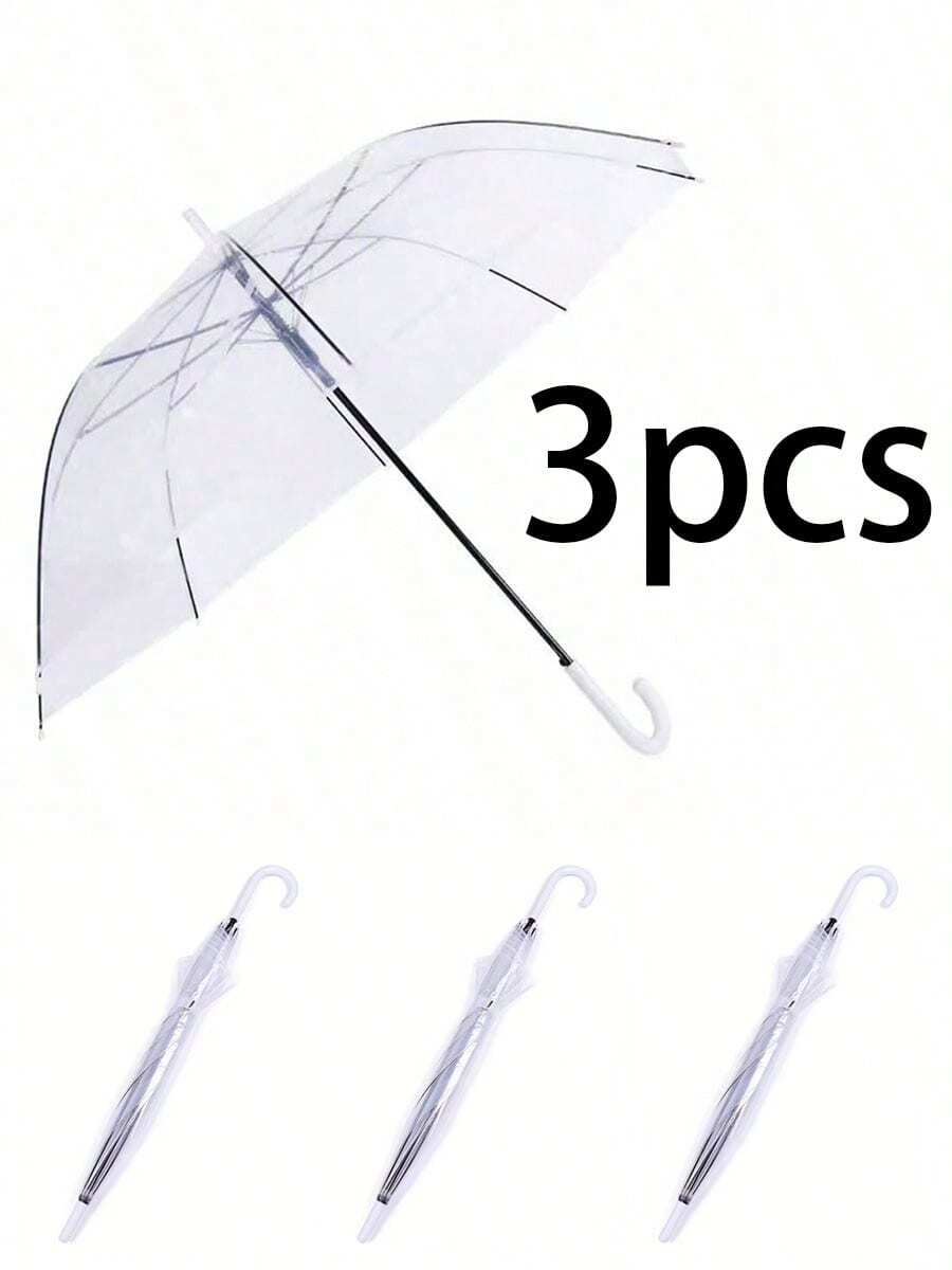 3把透明伞，白色弯柄，轻便防风防雨长柄伞，适合摄影、雨季旅行、街头摄影、伴娘、户外活动、家居装饰和旅行必备品。