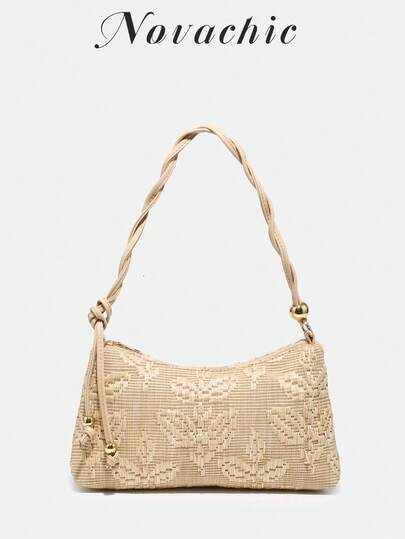 Novachic, Minimalist Straw Woven, Beaded Decor, Twist Adjustable Strap, Embroidered Floral, Summer Beach Holiday Style, Women's Zipper One Shoulder Bag, Hobo Bag