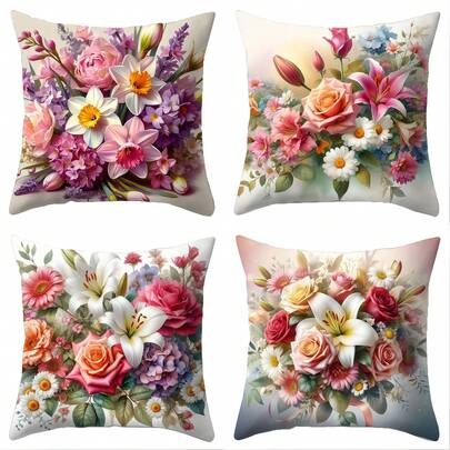 4件套治愈系花卉装饰抱枕套，清新春日家居装饰靠垫套，单面印花涤纶面料，可机洗，适用于卧室、客厅、沙发、床，45*45厘米