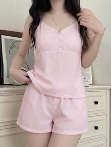 Conjunto de 2 piezas con estilo Y2K: Top corto tipo camiseta con botones a rayas rosas + Shorts, conjunto casual y lindo adecuado para el hogar, la calle y el transporte en verano - Rosa - Ver 4