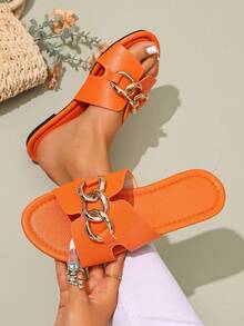 Ximi Ruo Korean Style Casual Flat Slide Sandals, Open Toe, Woven Roman Style, Suitable For Spring, Summer, Beach, Vacation, Dresses, Apartment, Brown Color - Orange - View 5