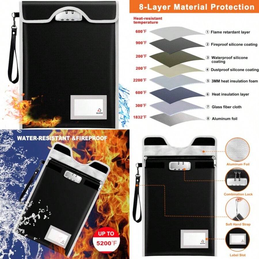 Balaperi - Bolsa ignífuga con candado 3000 °F bolsa de documentos ignífuga de 15 x 11 pulgadas bolsa de dinero ignífuga para documentos A4 A5 tamaño carta legal tablet valiosos joyas dinero - negro - Ver 1