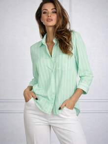 Women's Long-Sleeved Striped Linen Shirt, Brightly Colored - 綠色 - 查看 1