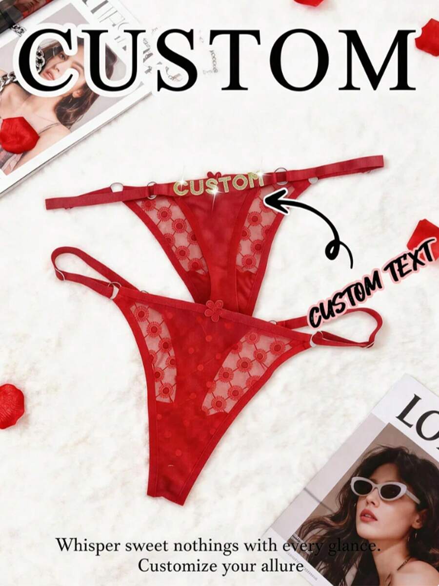 1PC Personalized Crystal Letter Sexy Thong Panty, Custom Name Lace G-String Bikini Underwear For Women, Romantic Gift For Girlfriend, Wife, Valentine's Day, Wedding, Honeymoon - Red - View 1