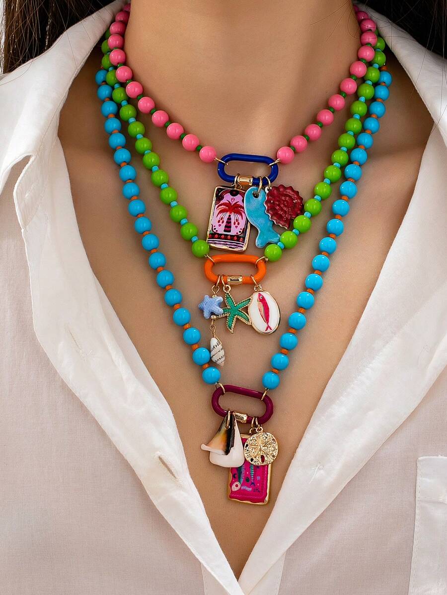 1/3 Pcs Bohemian Multicolor Beaded Layered Necklace Set For Women, Enamel Tropical Sea Turtle Starfish Charm Necklaces, Boho Statement Jewelry - Multicolor - View 1