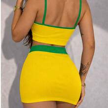 Conjunto Cropped  Saia Feminino Brasil Moda Verão Ajustado Sexy - vestido brasil amarelo - Visão 5