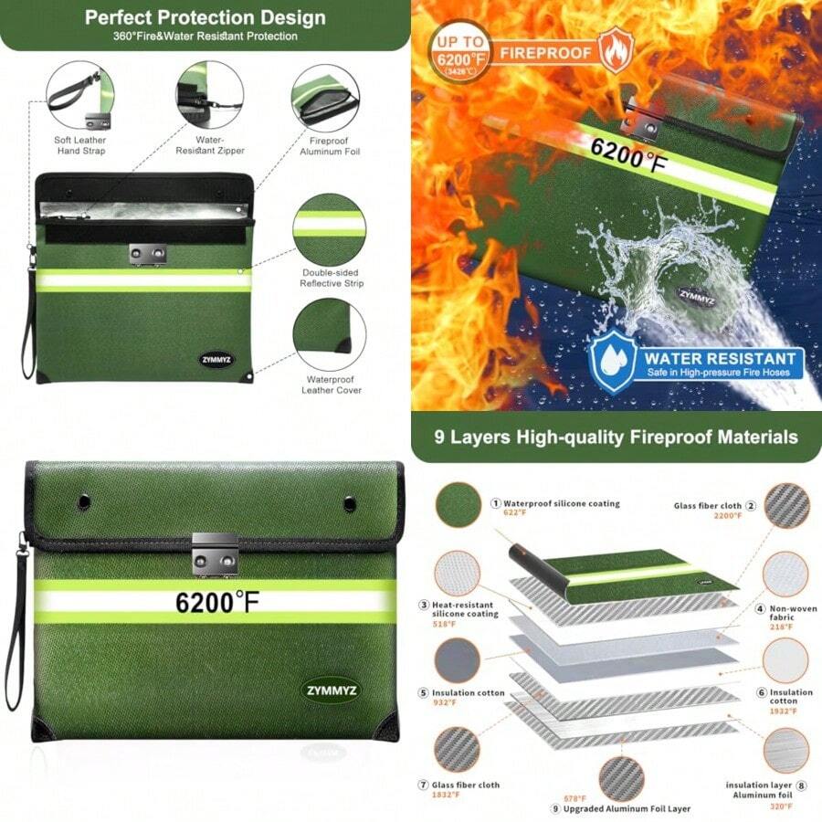 Bolsa de dinero a prueba de fuego de 8000 °F con bloqueo 9 capas de materiales aislados al calor cierre ignífuga mejorada/tira reflectante resistente al agua a prueba de fuego para - Verde - Ver 1
