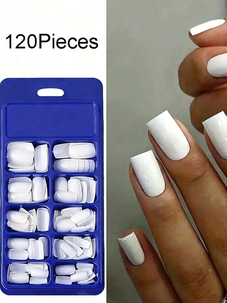 120pcs White Square Short Wearable False Nails, Full Coverage Fake Nails, Suitable For Office & Daily Wear, Nail Decoration For Women & Girls - White - View 1