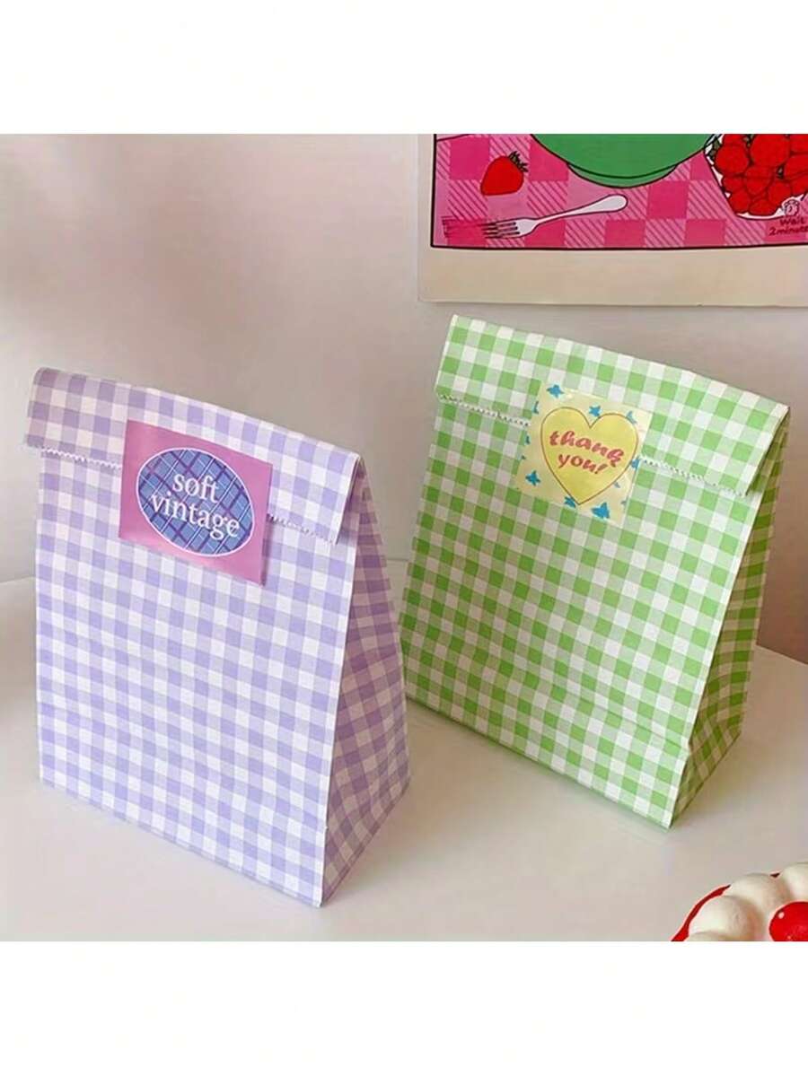 10pcs Kraft Paper Gift Bags - Cute Party Favor Bags, Ins Style Design With Colorful Plaid Pattern, Suitable For Birthday, Candy Storage, Desktop Organization, Holiday Gift Packaging - Multiple Styles - View 1
