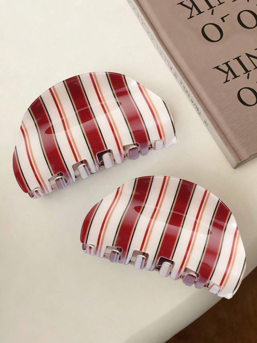 1个韩版新款蓝色咖啡条纹发夹，复古优雅女士颈后发夹，高端百搭发饰，夏季沙滩装扮抓夹度假发夹