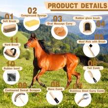 12 Pieces Horse Grooming Kit With Organizer Tote Bag Tack Room Plies Horse Brush Sets Equine Care Cleaning Kit Shedding Grooming Massaging Tools - Khaki and Black - View 3