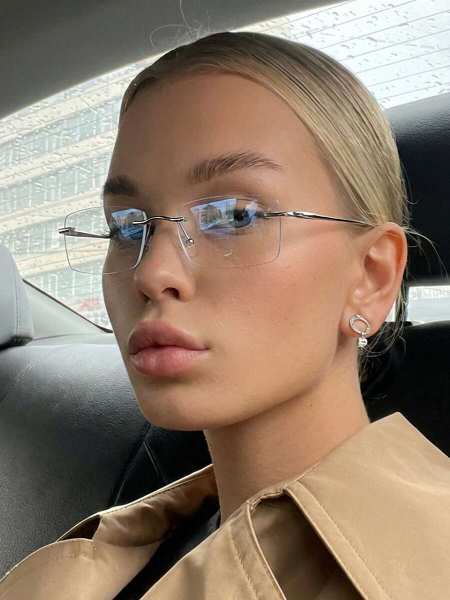 1 Pair Women's Silver Rectangular Rimless Metal Thin Leg Business Style Glasses - Clear - View 1