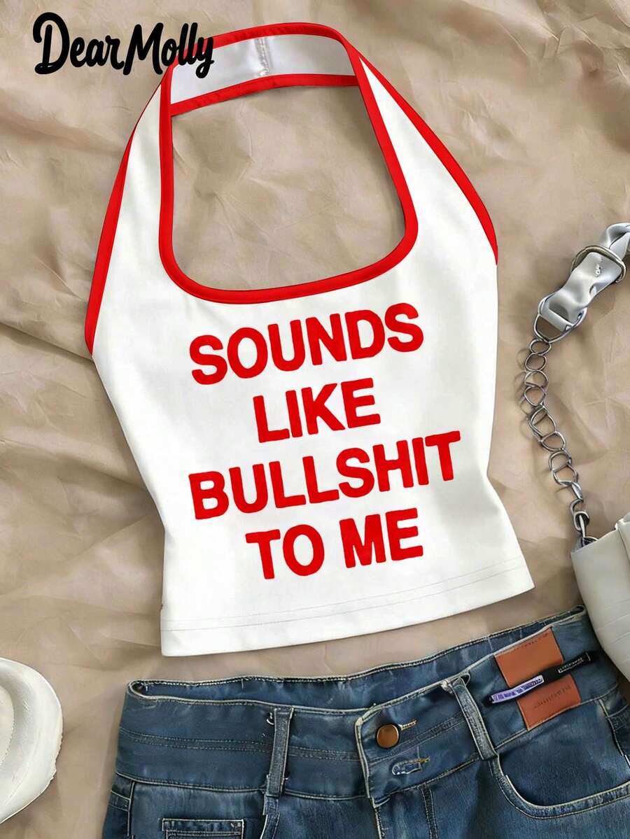 Sounds Like To Me Letter Graphic Halter Backless Sexy Tank Top, Suitable For Spring/Summer Daily Wear Casual - Red and White - View 1