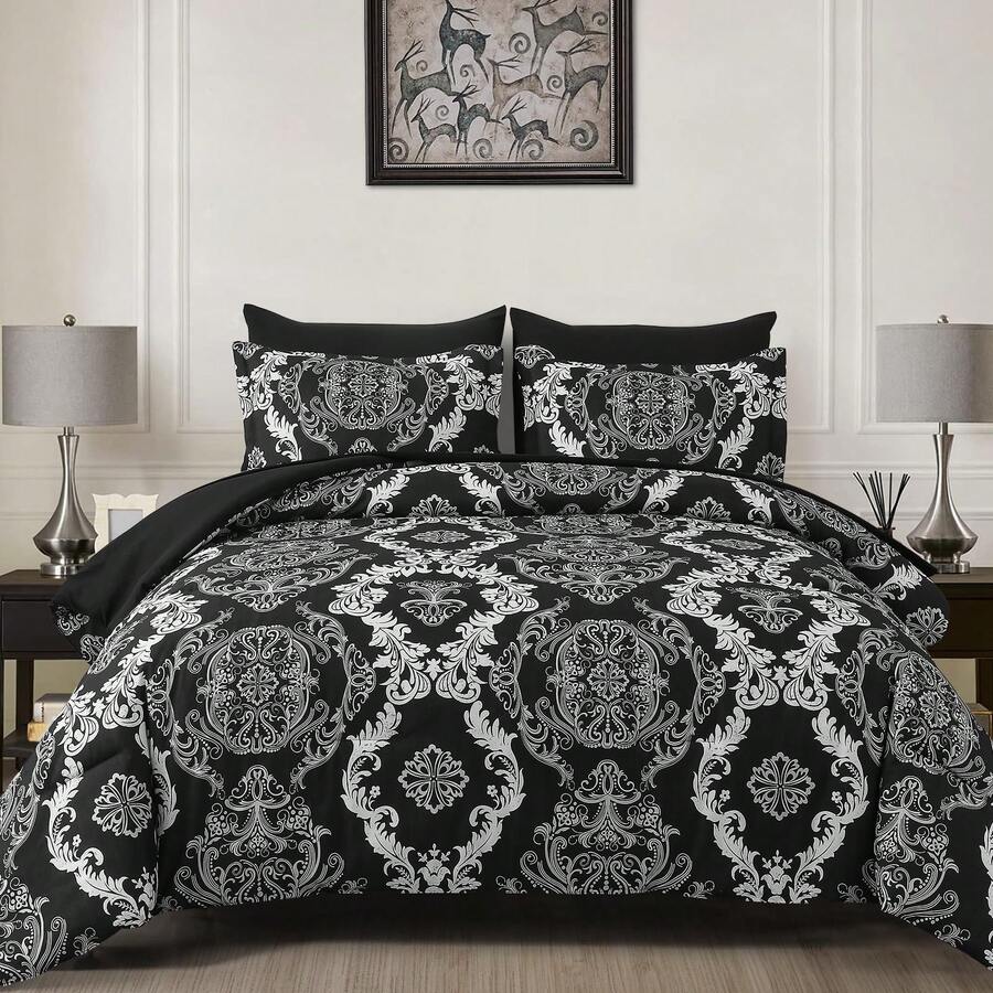 7 Pieces Paisley Comforter Set Queen King Bed In A Bag Comforter, Brown/Blue/Green/Pink Boho Pattern Soft And Comfortable Summer Bedding Set Bed In A Bag For All Seasons, Includes Comforter, Flat Sheet, Fitted Sheet, Pillowcases, Ideal Gift. - Đen Trắng - Xem 1