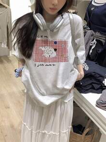 日系女装夏季宽松圆领时尚简约字母狗狗印花短袖T恤休闲款 - 淺花灰 - 查看 2