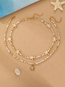 NAIZHU Set de 2 collares con colgante de estrella de mar de estilo oceánico para niñas, accesorio para uso diario y festivo, color de perla aleatorio - Multicolor - Ver 3