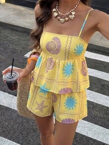 Conjunto de 2 peças com Regata de Alça Fina e Shorts com Estampa Floral Franzida, Conjunto Casual de Praia Elegante, Adequado para Dia dos Namorados, Praia, Passeios com Estampa de Poá - Luz amarela - Visão 2