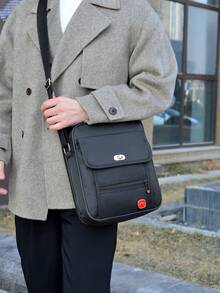 尼龙布拉链多层男士手提包，多功能休闲外出通勤单肩斜挎包 - 黑色 - 查看 6