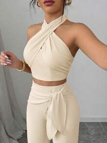 abyoxi 女士杏色三穿扭结露背短款上衣搭配高腰阔腿裤两件套，休闲优雅，适合日常穿着、约会、办公、春夏背心上衣和长裤套装 - 杏色 - 查看 8