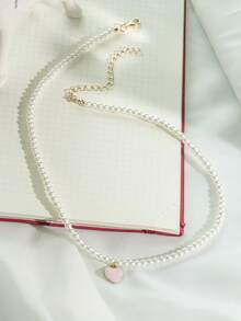 1 pieza Collar con colgante de corazón rosa y perla falsa, collar de cuentas hecho a mano para mujer, joyería minimalista, estilo francés vintage elegante, joyería de lujo hipoalergénica, perfecto para el Día de la Madre, San Valentín, bodas y celebraciones, uso diario versátil para mujer - Blanco - Ver 2
