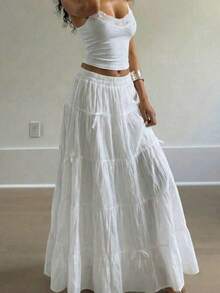 Elegant High Waist Vintage Bow Decor Loose A-Line Skirt White Spring - trắng - Xem 2