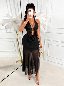 Amarilo 女士黑色细肩带露背系带两件套 - 性感网纱拼接和褶皱露背设计，完美适用于海滩度假、派对、婚礼、约会 - 黑色 - 查看 4