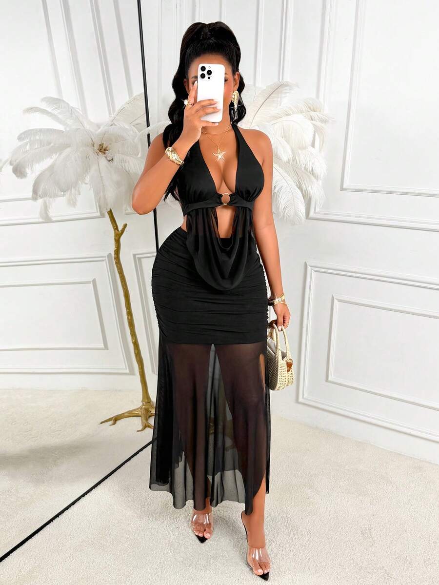 Amarilo Women's Black Spaghetti Strap Backless Tie Two Pieces Set - Sexy Mesh Panel And Ruched Backless Design, Perfect For Beach Vacation, Party, Wedding, Date Summer - Black - View 1