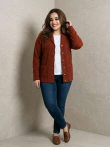 Women's Plus Size Mousse Coat With Buttons, Long Sleeves, Winter Clothing. - 亮橙色 - 查看 3