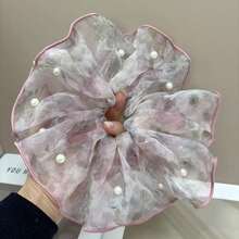 1pc Floral Print Elegant Polyester (Polyester) Hair Scrunchie, Versatile Lavender Organza Pearl Hair Tie - Multicolor - View 8