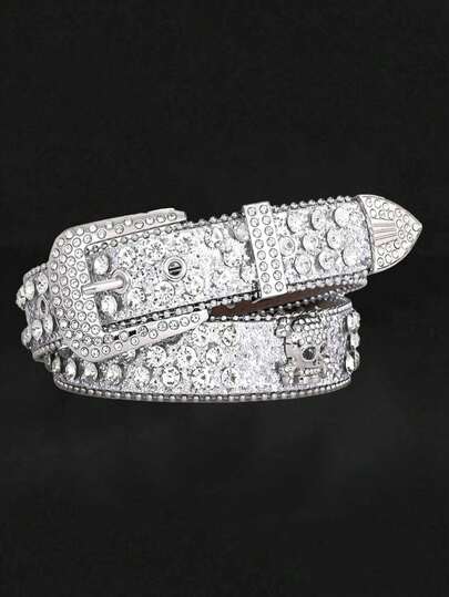 1pc Men's Silver Punk Denim Y2K Style Rivet Colorful Rhinestone Sunflower Buckle Belt, Multifunctional Accessory Belt Suitable For Daily Wear