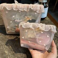 1pc Transparent Mesh Cosmetic Bag For Women, Cute Ruffle Zipper Design, Portable Travel Pouch For Lipstick, Toiletries, Etc. - Multicolor - View 1