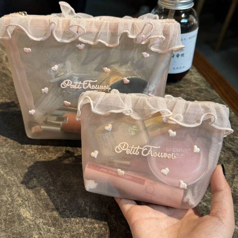 1pc Transparent Mesh Cosmetic Bag For Women, Cute Ruffle Zipper Design, Portable Travel Pouch For Lipstick, Toiletries, Etc. - Multicolor - View 1