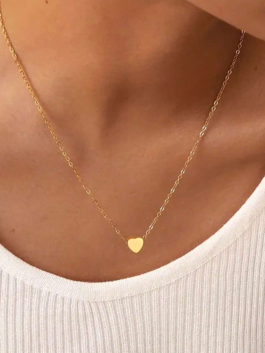VJS 1pc 304 Stainless Steel Minimalist Heart Pendant Necklace, Romantic Gift Idea, Suitable For Daily Wear All Seasons