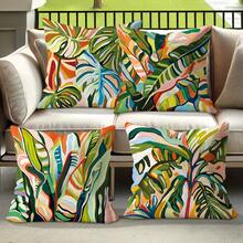 4pcs Tropical Green Plant Oil Painting Style Pillow Covers, Macaron Color Blocking Home Decor Cushion Covers, Polyester Fabric Single-Sided Printed, Machine Washable, Suitable For Bedroom, Living Room, Sofa, Bed, 45*45cm - Multicolor - View 4