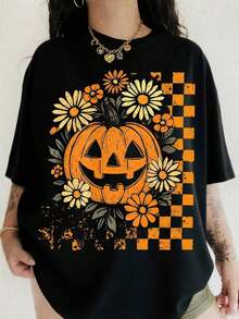 Camiseta vintage con diseño de calabaza del diablo de Halloween, con temática de "Pesadilla antes de Navidad", de corte holgado y cuello ancho de manga corta para mujer - Negro - Ver 1