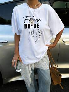 女款 Future Bride 棉質短袖 T-shirt，趣味圖案休閒圓領上衣，適合新娘派對與單身女派對住宿 - 白色7 - 查看 3