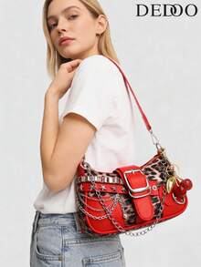 Y2K Fashionable And Versatile Star & Moon Design Unique Silver Millennium Shoulder Chain Crossbody Bag, Perfect For Girls' Street Style, Parties, And As A Gift Star Print Women Bag, Halloween Purse Perfect For Fancy Party Halloween Fashion & Gothic Fashion, Best Halloween Gifts For Women, Perfectly Matching With Halloween Costumes Women - Red - View 5