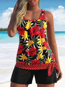 Women's Floral Print Tankini Top With Polka Dot Knot & Black Swim Shorts, High Stretch Two Piece Bikini Set For Beach Wear - 紅色 - 查看 1