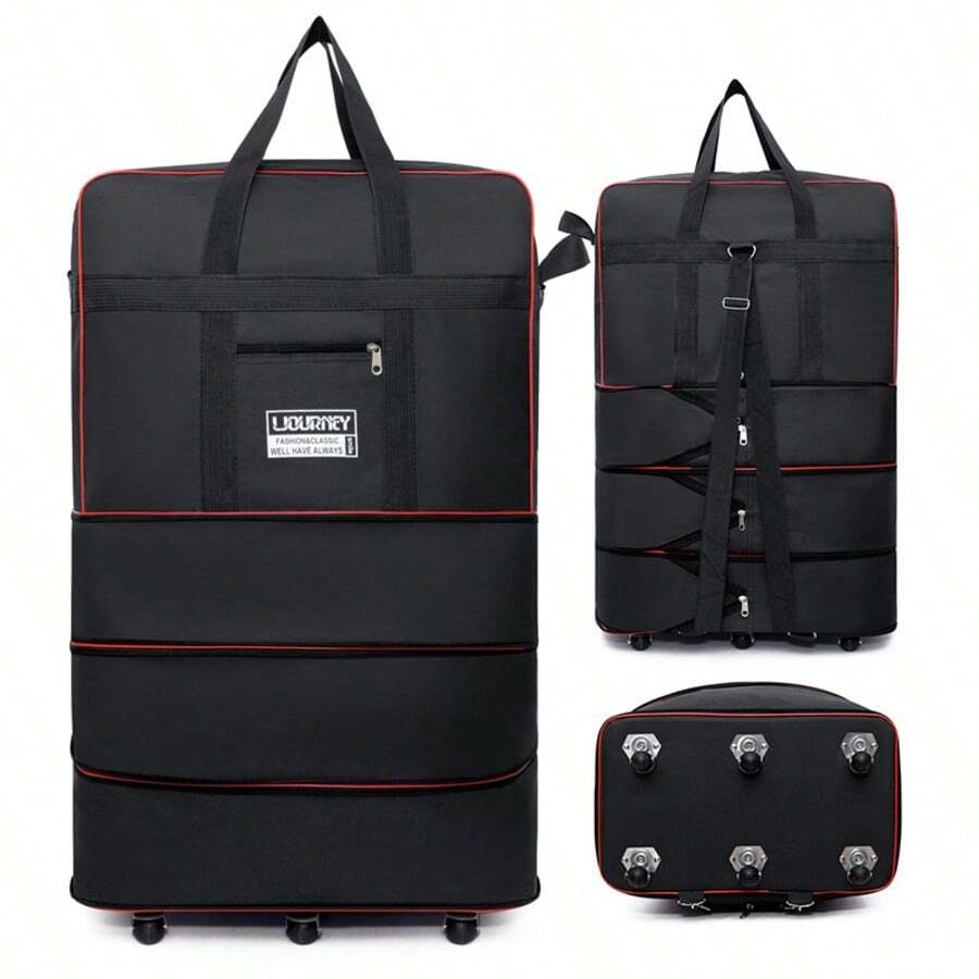 Valise pliable à trois compartiments, extensible et pliable, en tissu Oxford. Équipée de six roues pivotantes. Grande capacité, idéale pour les longs voyages. Dimensions : 28 x 48 x 82 cm (noir/bleu/violet). - Noir - Voir 1