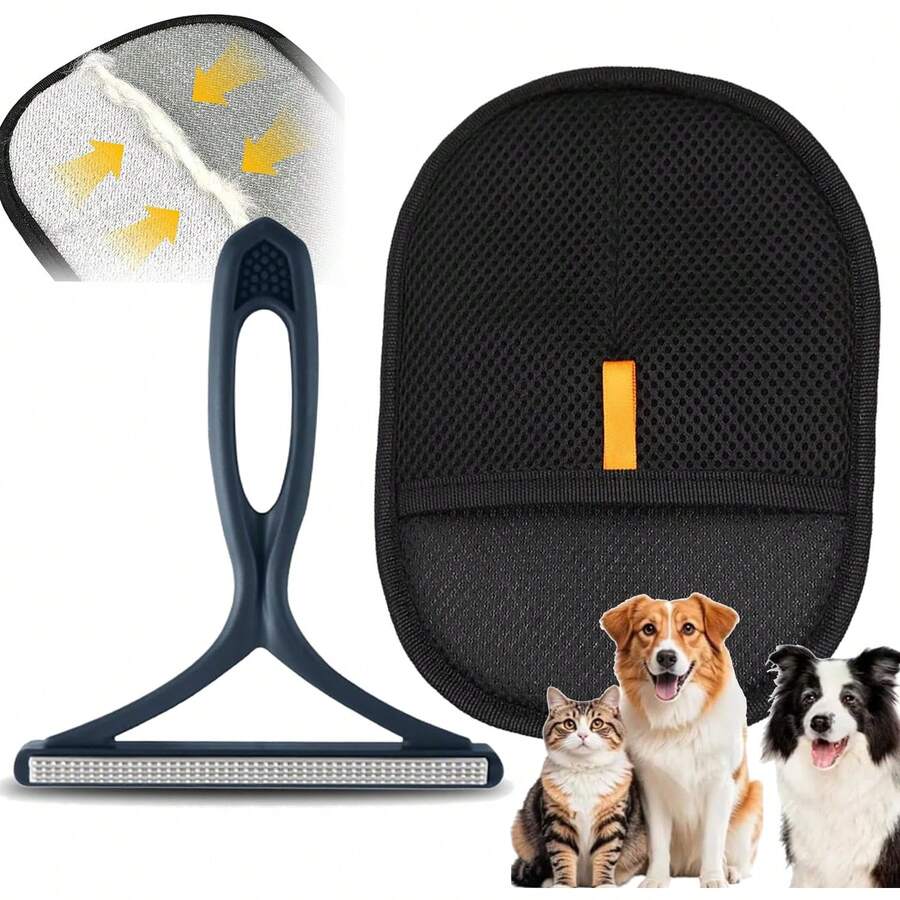 Bộ dụng cụ chải chuốt thú cưng 2 món - Găng tay lưới hai mặt loại bỏ lông rụng + Dụng cụ tam giác loại bỏ lông, dụng cụ làm sạch lông chó mèo trên ghế sofa, giường ngủ.