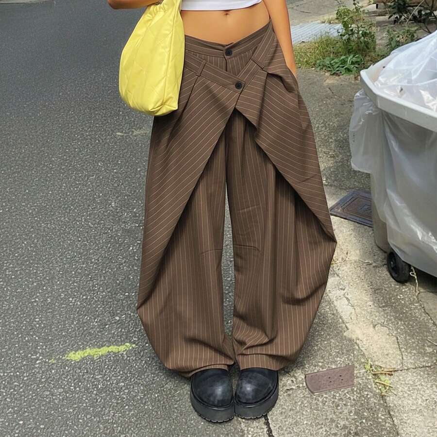 Damen braun gestreifte Lässig Street Vintage Stil 3D plissierte Weit Bein Palazzo Hose mit Doppelknopf, Frühling/Sommer - Braun - Übersicht 1