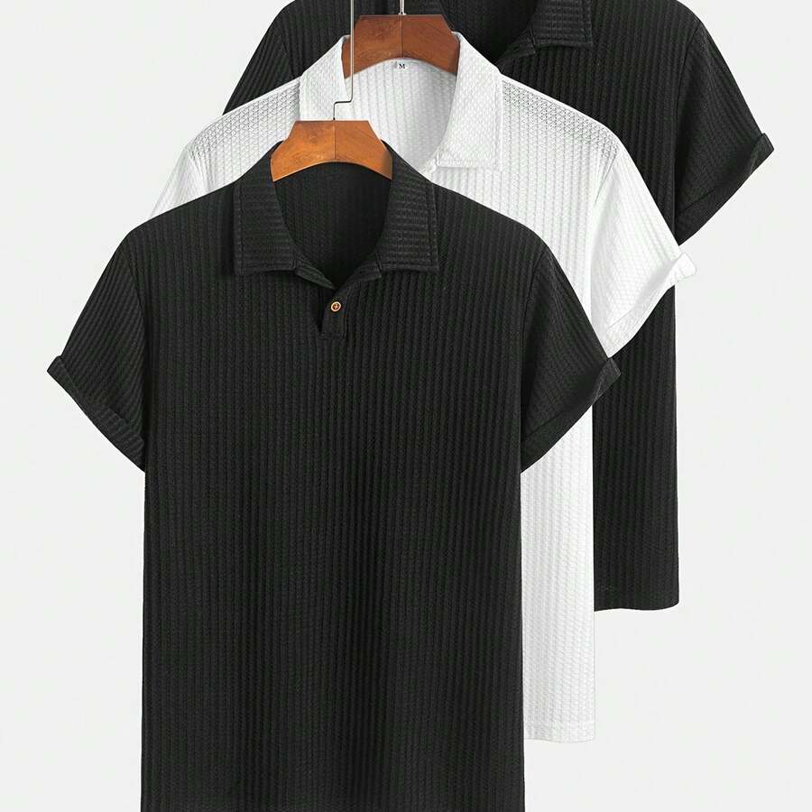 [Jacquard Knit Shirts Set] 3pcs Set Of Summer Casual Sporty Jacquard Knit Short-Sleeve Shirts - 3pcs Jacquard Texture Short-Sleeve Tops - 多色 7 - 查看 1