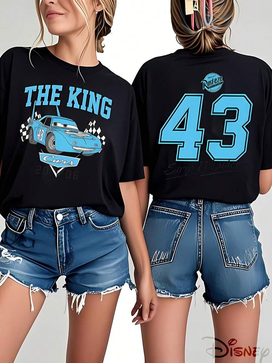 Disney Official Licensed, Disney Cars, The King, Strip Weathers, #43, THE KING, Double-Sided Print, 100% Cotton, Crew Neck T-Shirt, Retro Racing Style, Casual Wear, Spring & Summer Top, Disney Merch, Fan Collectible - màu đen - Xem 1