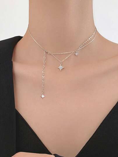 1 chiếc vòng cổ tua rua hình ngôi sao lấp lánh bất đối xứng bằng bạc Sterling S925, món quà thanh lịch dành cho phụ nữ để đeo hàng ngày.